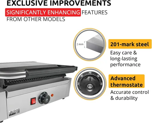 Miniatura 4 de ALDKitchen Panini Sandwich Press Grill Durable Stainless Steel Construction 110V (Ribbed 9" x 14")