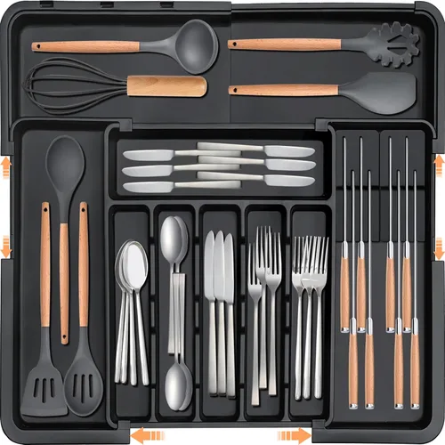 Homecor Organizador de Cubiertos - Organizador de Cajón de Cocina Grande Expandible Organizador de Utensilios con 2 Bloques de Cuchillos Removibles,