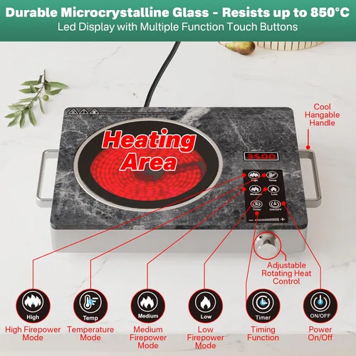 Miniatura 3 de 3500W Single Ceramic Hob with Marble Finish, Portable Infrared Hot Plate with Rotary Control, Safety Lock & Timer, Electric Cooker Compatible with