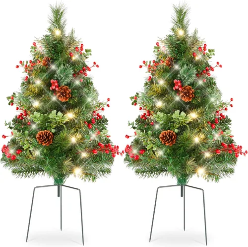 Best Choice Products Juego de 2 árboles de Navidad de 24.5 pulgadas, funciona con pilas, decoración navideña preiluminada con luces LED, bayas
