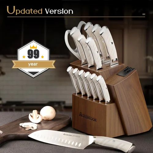 Miniatura 9 de Astercook Juego de Cuchillos de Cocina con Bloque y Afilador Doble Full Tang 15 Piezas Cuchillos de Acero Inoxidable Alemán Aptos para Lavavajillas