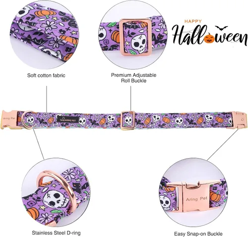 Miniatura 4 de ARING PET Collar de Halloween para Perro con Pajarita de Calabaza Linda, Collares de Perro de Algodón Morado con Calavera y Murciélago, Collares A