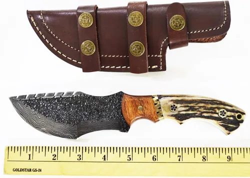 Miniatura 4 de Cuchillo de Caza de Damasco con Mango de Asta de Ciervo y Funda de Cuero (Damascus Tracker, Hoja de 4.5 Pulgadas)