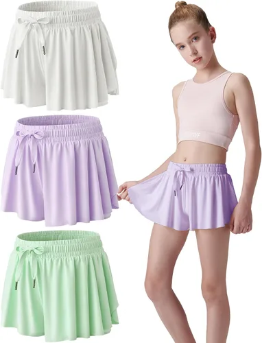 Miniatura 45 de Paquete de 3 pantalones cortos fluidos para niñas con forro de elastano, 2 en 1, faldas de mariposa para jóvenes, para fitness, correr, deportes