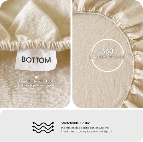 Miniatura 3 de MooMee Sábana bajera ajustable de solo 100% algodón lavado con textura parecida al lino, transpirable, duradera, suave, cómoda, bolsillo profundo