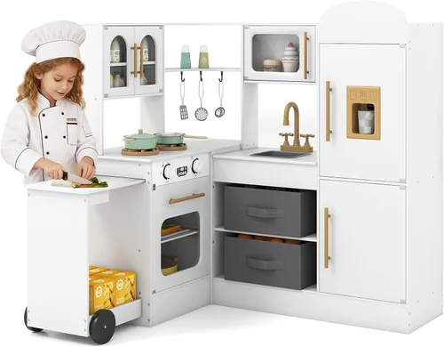 HONEY JOY Cocina de Juego de Esquina con Carrito Rodante, Juego de Cocina de Juguete de Madera de Simulación con Luces, Máquina de Hielo, Estufas,