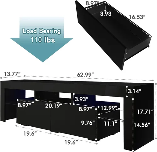 Miniatura 3 de Soporte de TV negro con 2 estantes de almacenamiento y 3 estantes abiertos, TV LED de alto brillo, centro de entretenimiento de TV, consola de TV