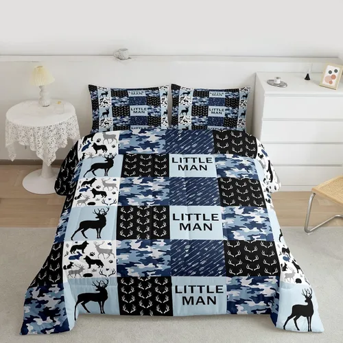 Miniatura 83 de Juego de edredón de cuernos de ciervo tamaño individual, juego de ropa de cama rústica de granja con huellas de oso y pinos para decoración