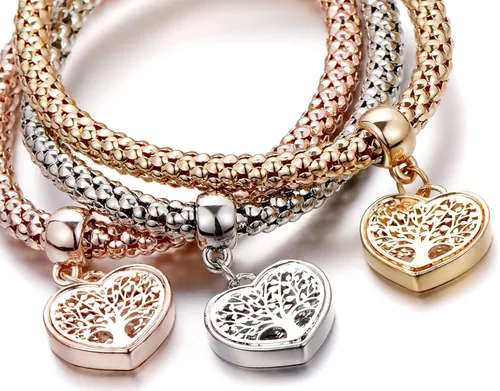 Miniatura 6 de SILANER Pulseras multicapa con dijes de cristal, 3 unidades, oro y plata, oro rosa, pulsera elástica en forma de corazón para mujer, árbol de la vida