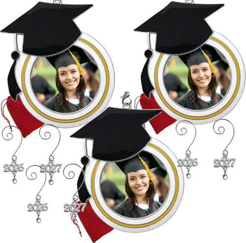 Miniatura 10 de Adorno de fotos de Navidad de graduación – Dijes fechados para 2026 y 2027 – Diseño de sombrero de graduación – Felicitaciones – Estudiantes