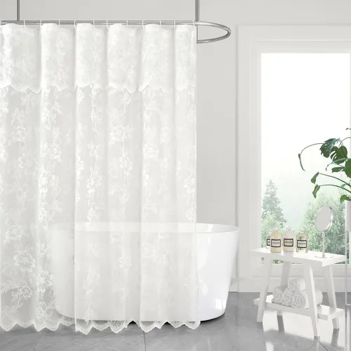 Miniatura 7 de FINECITY Cortina de ducha de encaje pequeño blanco, 1 panel, 36 pulgadas de ancho x 72 pulgadas de largo, cortina de encaje transparente