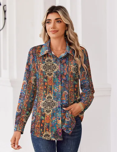 Miniatura 5 de Zeagoo Blusa para mujer, de manga larga, con botones, casual, ligera, lisa/estampada
