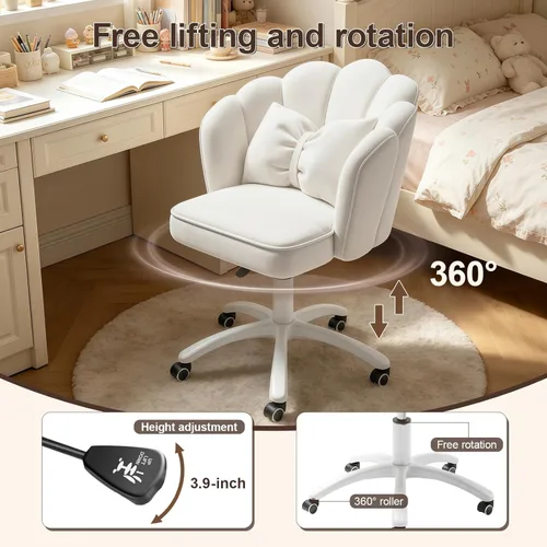 Miniatura 5 de Silla de escritorio Petal con cojín de lazo, silla de terciopelo con ruedas para tocador, silla tapizada para oficina en casa para niñas y mujeres
