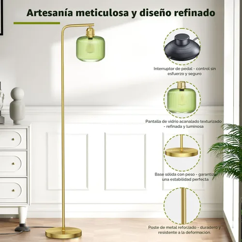 Miniatura 3 de Lámpara de pie de cristal para sala de estar, moderna lámpara de pie con pantalla de vidrio acanalado verde e interruptor de pedal, lámpara de pie