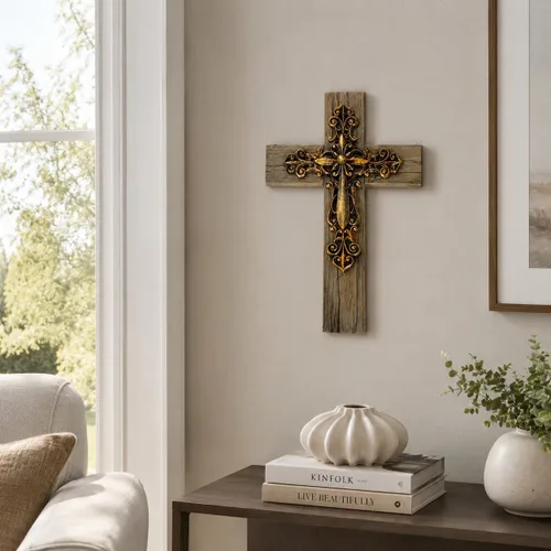 Miniatura 6 de Comfy Hour Cruz de pared decorativa en capas de 13 pulgadas, cruz de tono cobre estilo antiguo sobre base de aspecto de madera rústica, placa