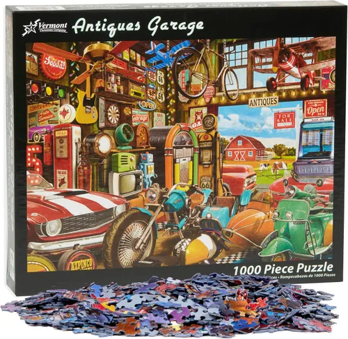 Miniatura 5 de Vermont Christmas Company Antiques Garage - Rompecabezas de 1000 piezas, rompecabezas temático vintage para adultos y familias