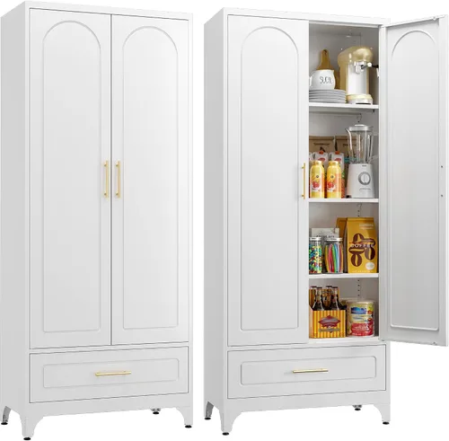 Miniatura 11 de Armario de almacenamiento de metal negro con puerta, armario de despensa de cocina con 3 estantes ajustables, armarios de almacenamiento de 60