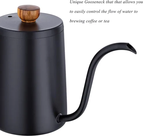 Miniatura 8 de MERMOO YILAN Hervidor de café para verter sobre cafetera, 20.3 fl oz, tetera de cuello de cisne, hervidor de acero inoxidable con mango Negro