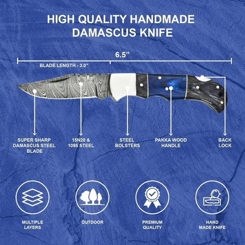 Miniatura 3 de Cuchillo de bolsillo de damasco Lara Eagle para hombres - Cuchillo plegable de caza de 133 capas de acero sólido hecho a mano con afilador y funda