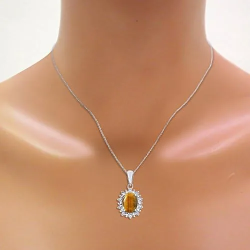 Miniatura 2 de Rylos Collares para mujer, oro blanco de 14 quilates, collar con colgante de diamante y ojo de tigre, con cadena de 18 pulgadas, halo inspirado