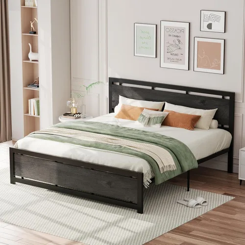 Miniatura 3 de LIKIMIO Base de cama King con cabecero y estribo, soportes fuertes de metal, fácil montaje, sin ruido, no necesita somier, gris carbón