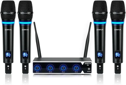 Miniatura 9 de Sistema de Micrófono Inalámbrico Recargable ZERFUN Pro de 4 Canales, Micrófonos Inalámbricos de Mano UHF de Metal con Control de Volumen, 4x50