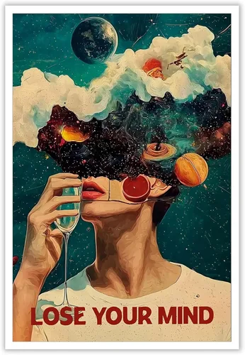 Miniatura 13 de Póster retro con texto en inglés «Lose Your Mind Find Your Soul», arte de pared inspirador para la salud mental, arte abstracto de música cósmica