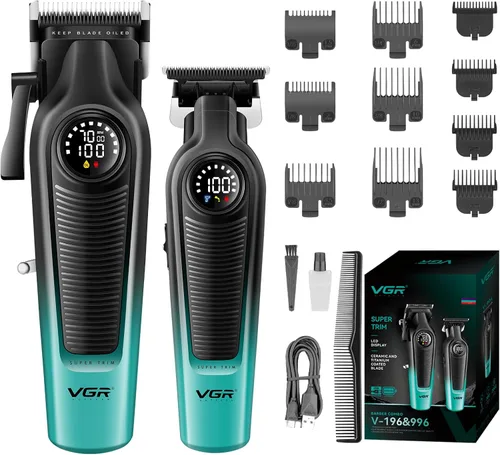 Miniatura 10 de VGR Juego de cortapelos para hombres y recortadora de cabello, combo de peluquero inalámbrico con pantalla LED, cuchillas de cerámica y titanio