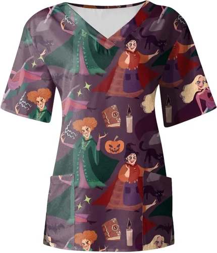 Miniatura 2 de Halloween Scrubs Print Scrub Tops for Women Breathable Pumpkin Bat Ghost Skull Pattern V-Neck Tee Tops with Pockets