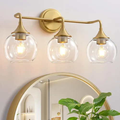Miniatura 16 de Lámpara de Tocador de Baño Dorada con Pantalla de Vidrio Transparente, Base E26, Luminarias de Baño de 2 Luces Sobre Espejo, Luces de Tocador de 14