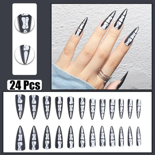 Miniatura 3 de 24 uñas postizas largas a presión de Halloween, con diseño de huesos góticos, uñas postizas acrílicas de almendra, hueso de dedo, cobertura