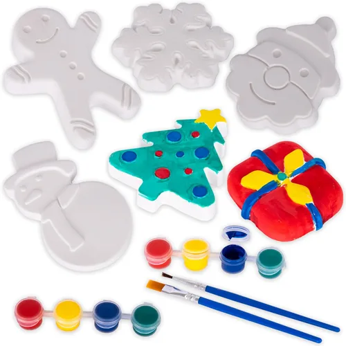 ArtCreativity Kit de pintura de cerámica navideña para niños, 6 figuras de cerámica, 2 juegos de pintura y 2 pinceles, manualidades de Navidad para