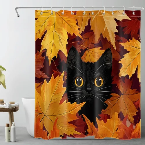 Miniatura 52 de LB Cortina de ducha de otoño para baño, divertido gato negro con fantasma en la bañera en el bosque de otoño, cortina de ducha de tela de cosecha