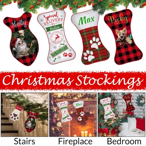 Miniatura 5 de Calcetines de Navidad personalizados con foto de nombre, medias personalizadas en forma de hueso para perros, gatos, mascotas, medias de Navidad
