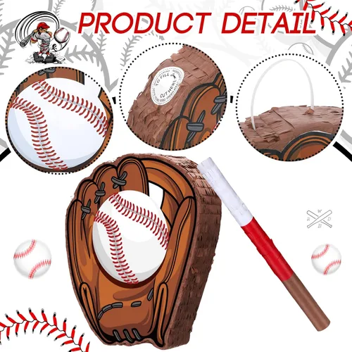 Miniatura 3 de Piñata de béisbol con bate con los ojos vendados para fiesta de cumpleaños, softbol, papel, piñata, pelotas deportivas, suministros de confeti