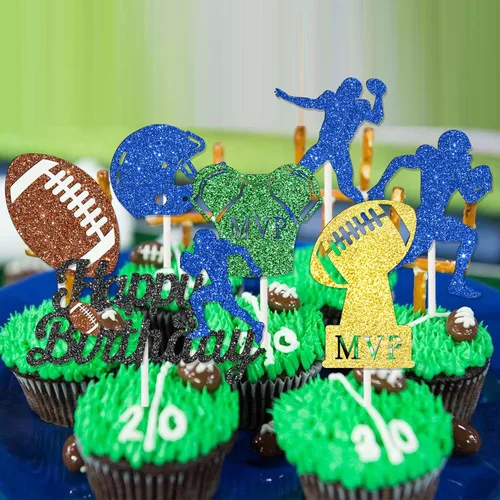 Miniatura 6 de 24 decoraciones de fiesta de fútbol con purpurina para cupcakes, decoración de fiesta de cumpleaños, decoración de pastel de rugby para jugadores