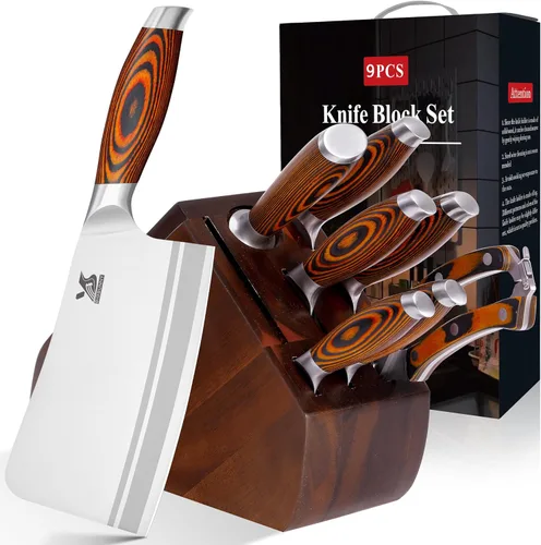 MSY BIGSUNNY - Juego de 9 piezas de cuchillos de cocina con bloque, juego de cuchillos de acero alemán con picador de huesos, mango de madera de