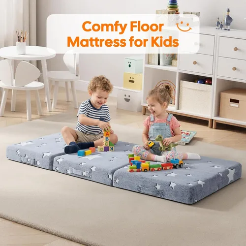 Miniatura 6 de MeMoreCool Colchón plegable de suelo para niños, tapete triple con estrella brillante, colchón plegable para niños, futón portátil, 57 x 22 Gris