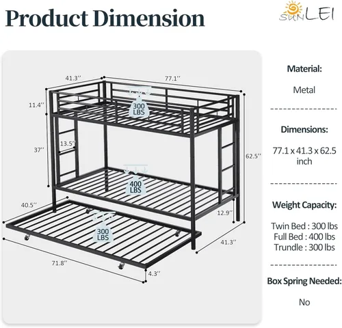 Miniatura 2 de SUNLEI Litera individual sobre individual con nido, cama alta de metal con 2 escaleras seguras, camas nido con protección de seguridad, ahorro