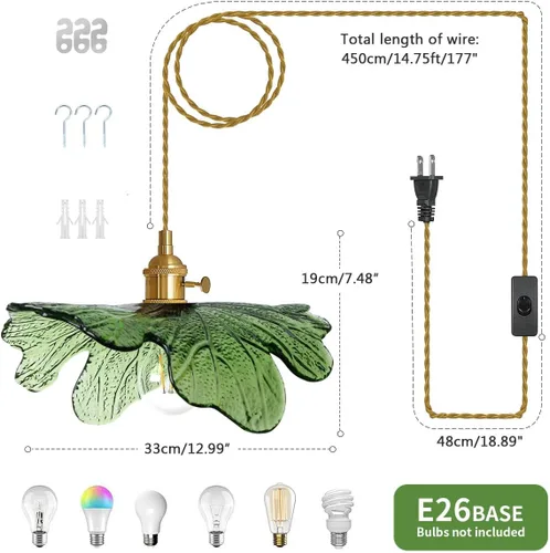 Miniatura 3 de Luz Colgante Enchufable de Cristal Verde Iluminación Colgante de 14.75 pies Luz Colgante con Cable de Enchufe 1-Luz Lámpara Colgante de Latón