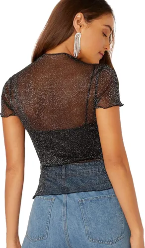 Miniatura 2 de SheIn - Blusa de manga corta con brillantina malla transparente y ribete de lechuga para mujer