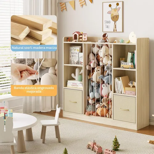 Miniatura 5 de EXPERLAM Organizador de almacenamiento de juguetes 4 en 1 con almacenamiento de animales de peluche, estantería de pino macizo para niños y estante