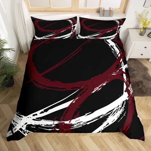 Miniatura 10 de Juego de ropa de cama de líneas negras, rojas y grises, tamaño individual para habitación de niños y niños, juego de funda de edredón con costuras