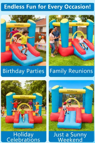 Miniatura 5 de Casa inflable de rebote fácil de instalar con tobogán acuático para niños, incluye soplador de aire, tela Oxford duradera, gorila para interiores