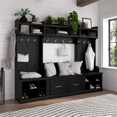 Miniatura 10 de Bush Furniture Woodland - Banco de zapatos pequeño de 24 W con cajón en roble de gamuza negra Organizador estrecho de calzado para entrada