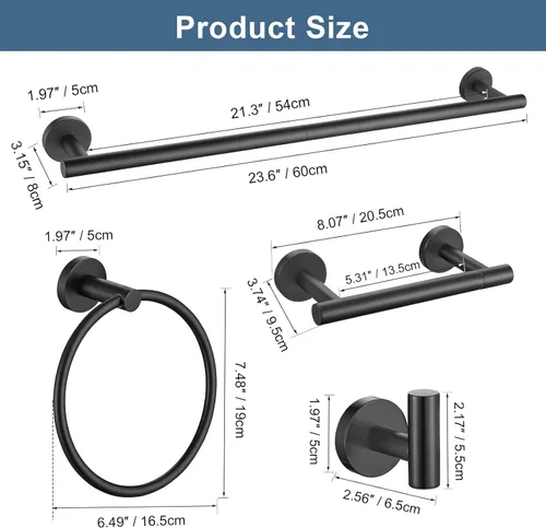 Miniatura 6 de Juego de 5 accesorios de baño negro mate, juego de toallero de 23.6 pulgadas, soporte de papel higiénico de acero inoxidable, toalleros redondos