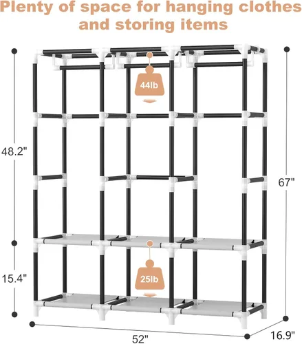 Miniatura 3 de VTRIN Armario portátil para colgar ropa con cubierta, 3 varillas colgantes, 6 estantes de almacenamiento y bolsillo lateral, Tubo de metal