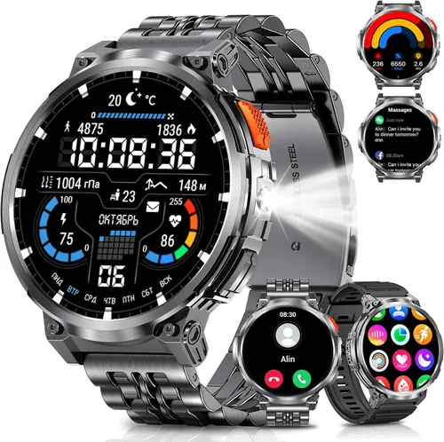 Reloj inteligente militar de pantalla grande de 1.85 pulgadas para hombres con linterna, batería grande de 730 mAh, impermeable IP68, llamadas