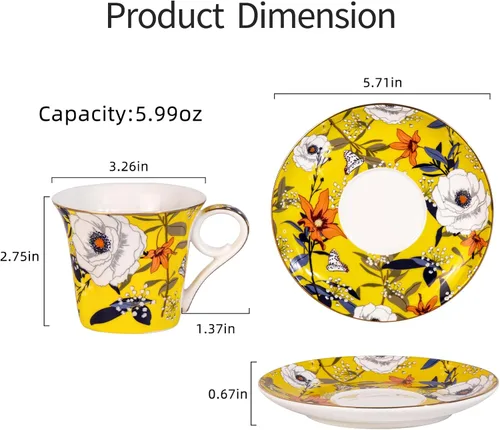 Miniatura 5 de KAMMAK - Juego de 2 tazas de té y platillos, tazas de café de porcelana reforzadas, tazas de expreso apilables de 5.7 onzas, demitasses de cerámica