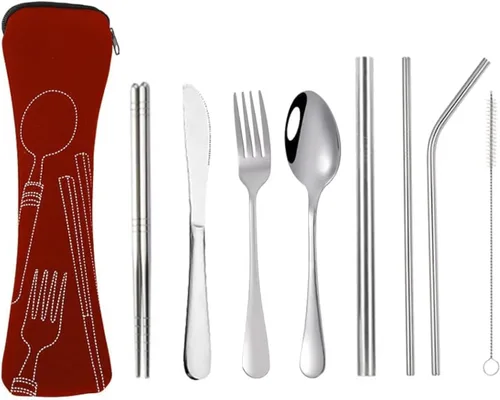 Miniatura 6 de Hoshen Cuchillo de acero inoxidable, tenedor, cuchara, palillos, vajilla de paja, juego de ocho piezas de vajilla occidental, cuchillo y tenedor